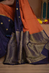 Shubh Lakshmi ~ Handloom Pure Mysore Silk Crepe Saree in Salient Orange and Blue (Silk Mark Certified) - verymuchindian.com