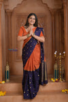 Shubh Lakshmi ~ Handloom Pure Mysore Silk Crepe Saree in Salient Orange and Blue (Silk Mark Certified) - verymuchindian.com
