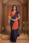 Shubh Lakshmi ~ Handloom Pure Mysore Silk Crepe Saree in Salient Orange and Blue (Silk Mark Certified) - verymuchindian.com