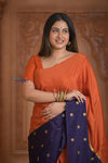 Shubh Lakshmi ~ Handloom Pure Mysore Silk Crepe Saree in Salient Orange and Blue (Silk Mark Certified) - verymuchindian.com