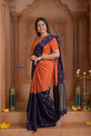Shubh Lakshmi ~ Handloom Pure Mysore Silk Crepe Saree in Salient Orange and Blue (Silk Mark Certified) - verymuchindian.com
