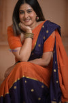 Shubh Lakshmi ~ Handloom Pure Mysore Silk Crepe Saree in Salient Orange and Blue (Silk Mark Certified) - verymuchindian.com