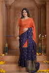 Shubh Lakshmi ~ Handloom Pure Mysore Silk Crepe Saree in Salient Orange and Blue (Silk Mark Certified) - verymuchindian.com