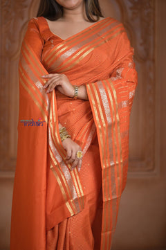 Shubh Lakshmi ~ Handloom Pure Mysore Silk Crepe Saree in Salient Orange (Silk Mark Certified) - verymuchindian.com