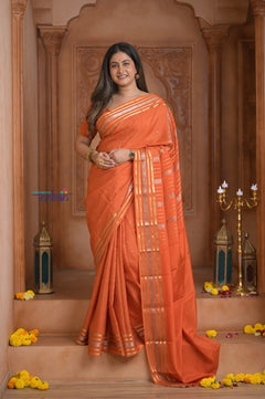 Shubh Lakshmi ~ Handloom Pure Mysore Silk Crepe Saree in Salient Orange (Silk Mark Certified) - verymuchindian.com