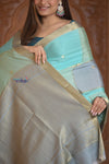 Shubh Lakshmi ~ Handloom Pure Mysore Silk Crepe Saree in Shades of Sky Blue (Silk Mark Certified) - verymuchindian.com