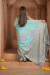 Shubh Lakshmi ~ Handloom Pure Mysore Silk Crepe Saree in Shades of Sky Blue (Silk Mark Certified) - verymuchindian.com