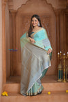 Shubh Lakshmi ~ Handloom Pure Mysore Silk Crepe Saree in Shades of Sky Blue (Silk Mark Certified) - verymuchindian.com