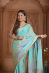 Shubh Lakshmi ~ Handloom Pure Mysore Silk Crepe Saree in Shades of Sky Blue (Silk Mark Certified) - verymuchindian.com
