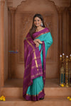 Shubh Lakshmi ~ Handloom Pure Mysore Silk Crepe Saree in Sky Blue and Mauve (Silk Mark Certified) - verymuchindian.com