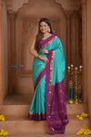 Shubh Lakshmi ~ Handloom Pure Mysore Silk Crepe Saree in Sky Blue and Mauve (Silk Mark Certified) - verymuchindian.com