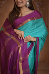 Shubh Lakshmi ~ Handloom Pure Mysore Silk Crepe Saree in Sky Blue and Mauve (Silk Mark Certified) - verymuchindian.com