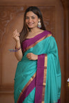 Shubh Lakshmi ~ Handloom Pure Mysore Silk Crepe Saree in Sky Blue and Mauve (Silk Mark Certified) - verymuchindian.com