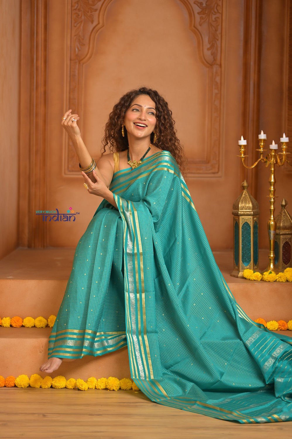 Shubh Lakshmi ~ Handloom Pure Mysore Silk Crepe Saree in Sky Blue (Silk Mark Certified) - verymuchindian.com
