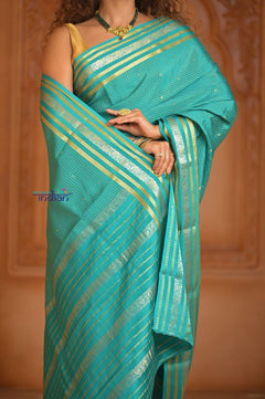 Shubh Lakshmi ~ Handloom Pure Mysore Silk Crepe Saree in Sky Blue (Silk Mark Certified) - verymuchindian.com