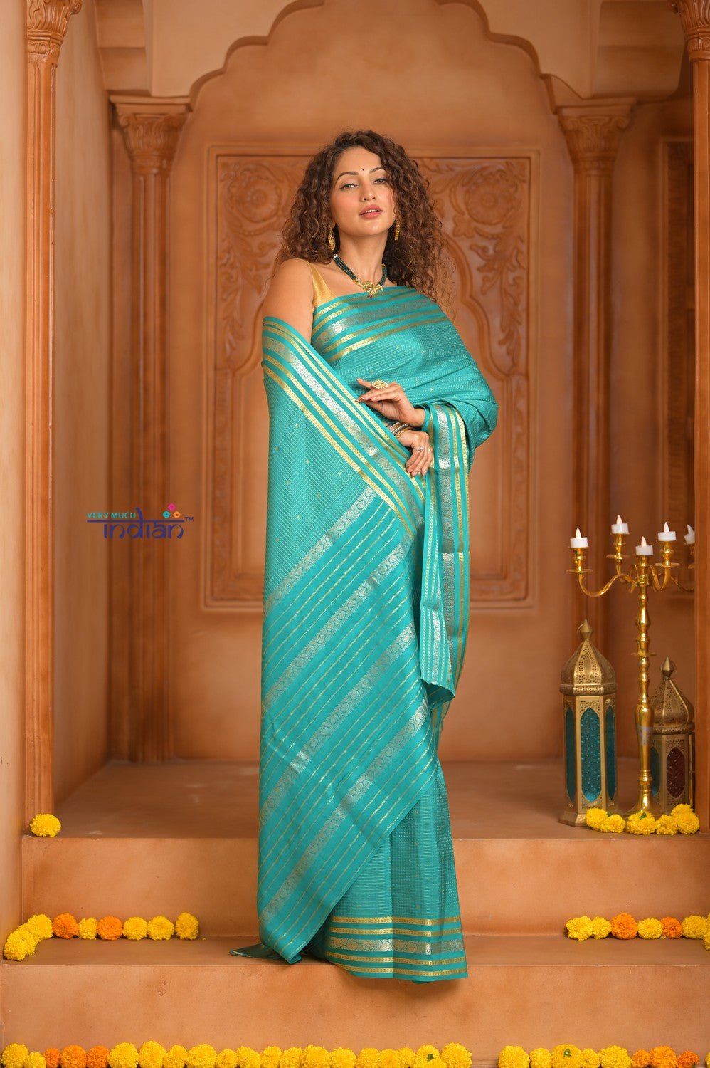 Shubh Lakshmi ~ Handloom Pure Mysore Silk Crepe Saree in Sky Blue (Silk Mark Certified) - verymuchindian.com