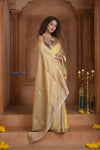 Shubh Lakshmi ~ Handloom Pure Mysore Silk Crepe Saree in Slake and Yellow (Silk Mark Certified) - verymuchindian.com