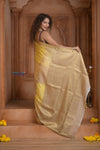 Shubh Lakshmi ~ Handloom Pure Mysore Silk Crepe Saree in Slake and Yellow (Silk Mark Certified) - verymuchindian.com