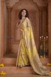 Shubh Lakshmi ~ Handloom Pure Mysore Silk Crepe Saree in Slake and Yellow (Silk Mark Certified) - verymuchindian.com