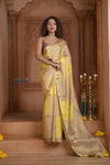 Shubh Lakshmi ~ Handloom Pure Mysore Silk Crepe Saree in Slake and Yellow (Silk Mark Certified) - verymuchindian.com