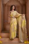 Shubh Lakshmi ~ Handloom Pure Mysore Silk Crepe Saree in Slake and Yellow (Silk Mark Certified) - verymuchindian.com