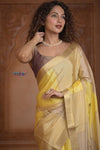 Shubh Lakshmi ~ Handloom Pure Mysore Silk Crepe Saree in Slake and Yellow (Silk Mark Certified) - verymuchindian.com