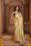 Shubh Lakshmi ~ Handloom Pure Mysore Silk Crepe Saree in Slake and Yellow (Silk Mark Certified) - verymuchindian.com