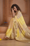 Shubh Lakshmi ~ Handloom Pure Mysore Silk Crepe Saree in Slake and Yellow (Silk Mark Certified) - verymuchindian.com