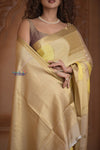 Shubh Lakshmi ~ Handloom Pure Mysore Silk Crepe Saree in Slake and Yellow (Silk Mark Certified) - verymuchindian.com