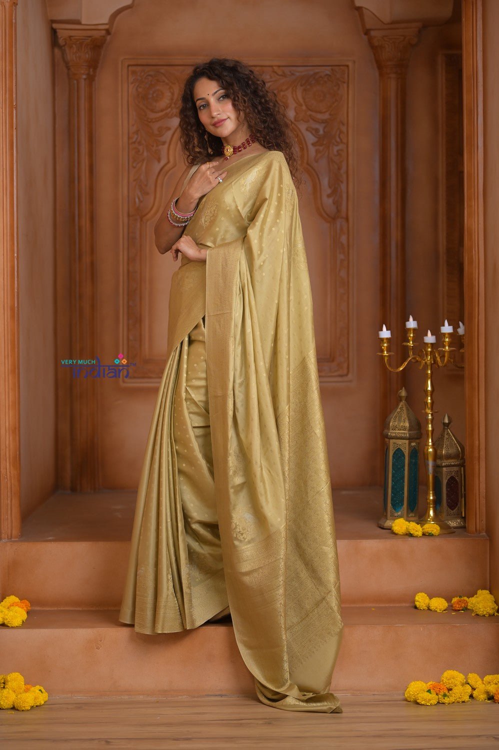 Shubh Lakshmi ~ Handloom Pure Mysore Silk Crepe Saree in Slaked Gold (Silk Mark Certified) - verymuchindian.com