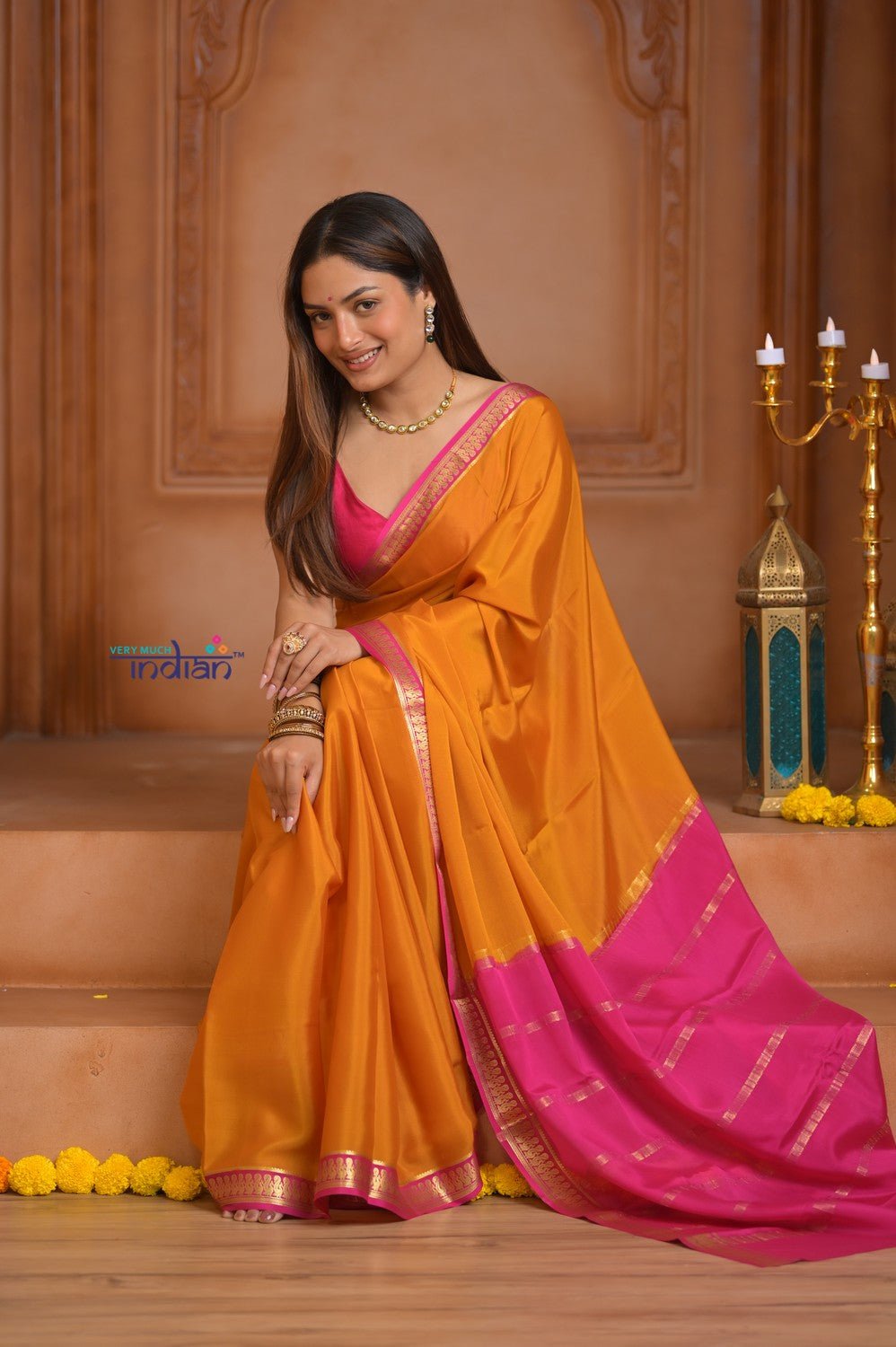 Shubh Lakshmi ~ Handloom Pure Mysore Silk Crepe Saree in Turmeric Yellow and Pink (Silk Mark Certified) - verymuchindian.com