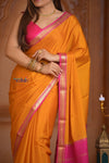 Shubh Lakshmi ~ Handloom Pure Mysore Silk Crepe Saree in Turmeric Yellow and Pink (Silk Mark Certified) - verymuchindian.com