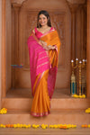 Shubh Lakshmi ~ Handloom Pure Mysore Silk Crepe Saree in Turmeric Yellow and Pink (Silk Mark Certified) - verymuchindian.com