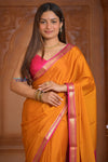 Shubh Lakshmi ~ Handloom Pure Mysore Silk Crepe Saree in Turmeric Yellow and Pink (Silk Mark Certified) - verymuchindian.com