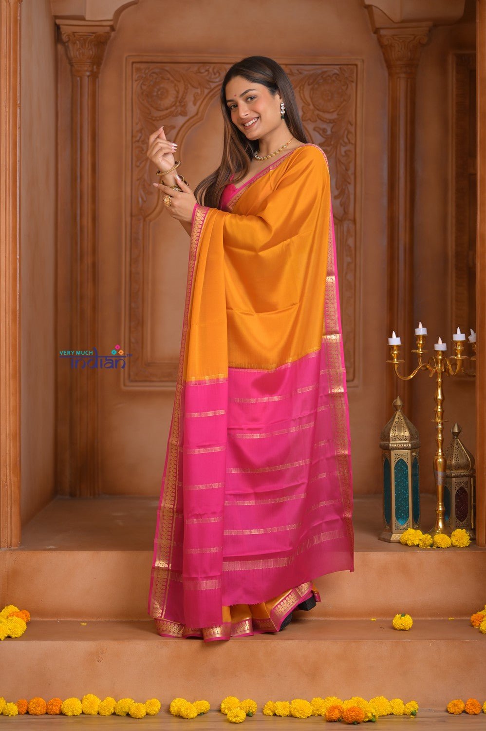 Shubh Lakshmi ~ Handloom Pure Mysore Silk Crepe Saree in Turmeric Yellow and Pink (Silk Mark Certified) - verymuchindian.com