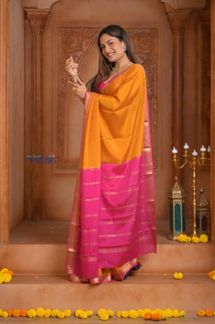 Shubh Lakshmi ~ Handloom Pure Mysore Silk Crepe Saree in Turmeric Yellow and Pink (Silk Mark Certified) - verymuchindian.com