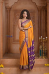 Shubh Lakshmi ~ Handloom Pure Mysore Silk Crepe Saree in Yellow and Purple (Silk Mark Certified) - verymuchindian.com