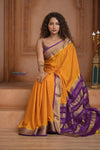 Shubh Lakshmi ~ Handloom Pure Mysore Silk Crepe Saree in Yellow and Purple (Silk Mark Certified) - verymuchindian.com