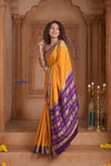 Shubh Lakshmi ~ Handloom Pure Mysore Silk Crepe Saree in Yellow and Purple (Silk Mark Certified) - verymuchindian.com
