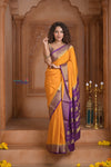 Shubh Lakshmi ~ Handloom Pure Mysore Silk Crepe Saree in Yellow and Purple (Silk Mark Certified) - verymuchindian.com