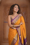 Shubh Lakshmi ~ Handloom Pure Mysore Silk Crepe Saree in Yellow and Purple (Silk Mark Certified) - verymuchindian.com