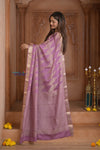 Shubh Lakshmi ~ Handloom Pure Mysore Silk Crushed Crepe Saree in Lilac Pink Gold (Silk Mark Certified) - verymuchindian.com