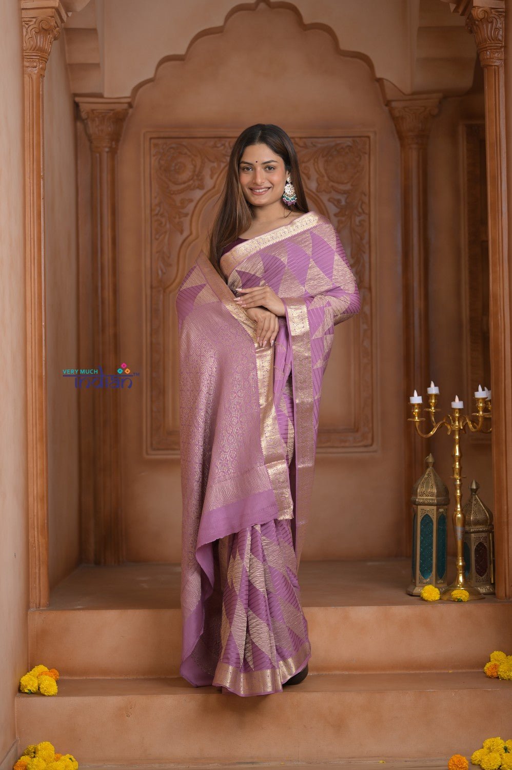 Shubh Lakshmi ~ Handloom Pure Mysore Silk Crushed Crepe Saree in Lilac Pink Gold (Silk Mark Certified) - verymuchindian.com