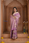 Shubh Lakshmi ~ Handloom Pure Mysore Silk Crushed Crepe Saree in Lilac Pink Gold (Silk Mark Certified) - verymuchindian.com