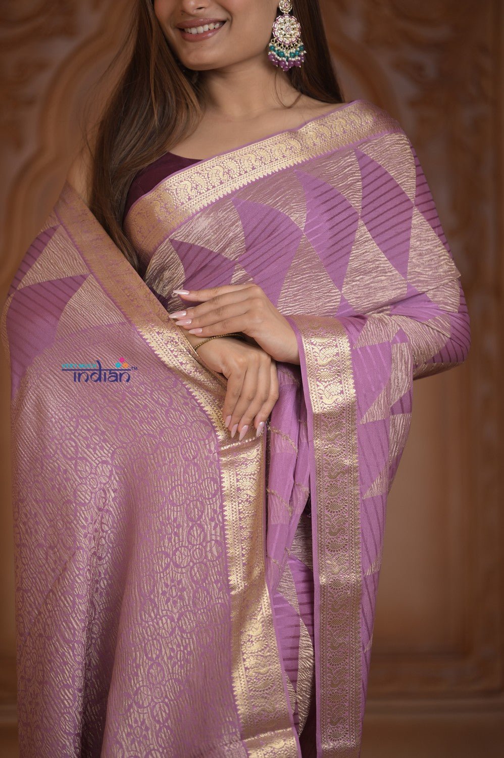Shubh Lakshmi ~ Handloom Pure Mysore Silk Crushed Crepe Saree in Lilac Pink Gold (Silk Mark Certified) - verymuchindian.com