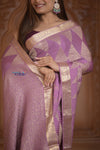 Shubh Lakshmi ~ Handloom Pure Mysore Silk Crushed Crepe Saree in Lilac Pink Gold (Silk Mark Certified) - verymuchindian.com