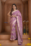 Shubh Lakshmi ~ Handloom Pure Mysore Silk Crushed Crepe Saree in Lilac Pink Gold (Silk Mark Certified) - verymuchindian.com