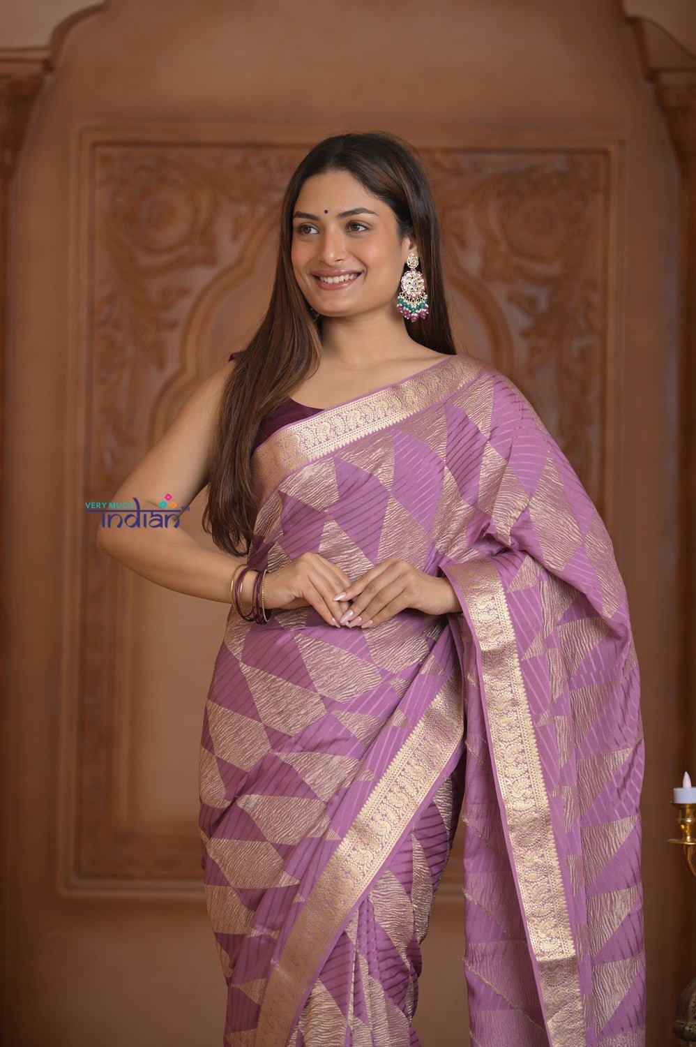 Shubh Lakshmi ~ Handloom Pure Mysore Silk Crushed Crepe Saree in Lilac Pink Gold (Silk Mark Certified) - verymuchindian.com