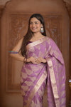 Shubh Lakshmi ~ Handloom Pure Mysore Silk Crushed Crepe Saree in Lilac Pink Gold (Silk Mark Certified) - verymuchindian.com
