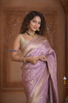 Shubh Lakshmi ~ Handloom Pure Mysore Silk Crushed Crepe Saree in Lilac Pink (Silk Mark Certified) - verymuchindian.com